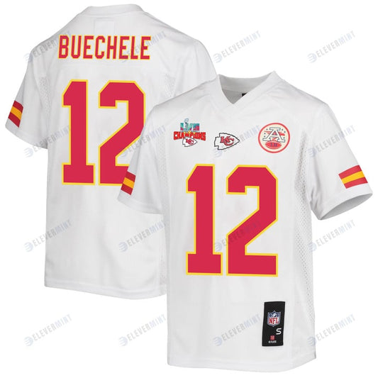 Shane Buechele 12 Kansas City Chiefs Super Bowl LVII Champions 3 Stars Youth Game Jersey - White